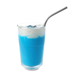Glass of blue matcha tea isolated on white