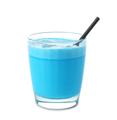 Glass of blue matcha tea isolated on white