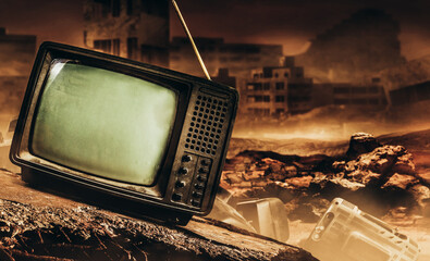 3d render illustration of old fashioned tv set standing on concrete rock on destroyed city wasteland background. - obrazy, fototapety, plakaty