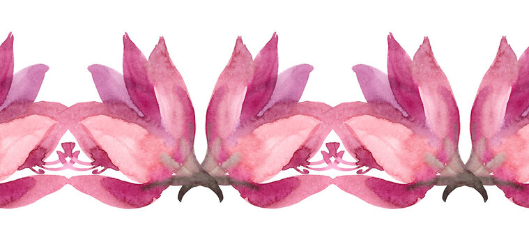 Seamless border watercolor abstract pink purple lily isolated on white background. Hand-drawn summer bouquet flower. Botanical art for card celebration wedding, birthday, wallpaper wrapping, textile