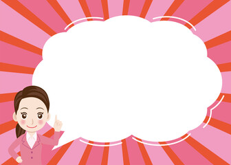 Obraz premium 女性キャラクターのイラストと大きな吹き出し、コメントバルーン。集中線、紙吹雪の背景、バックグラウンド。バナー素材