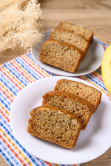 Banana bread on white plate