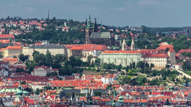 Panoramic view of Prague timelapse from the top of the Vitkov Memorial, Czech Republic