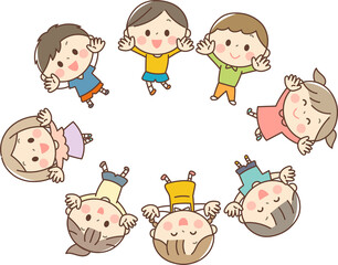 手を挙げて輪になる子供達