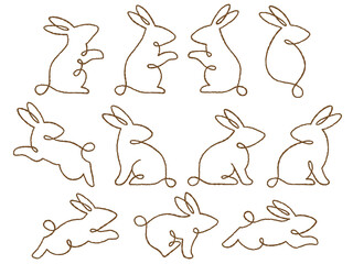 抽象的なウサギの手書き風線画イラストセット