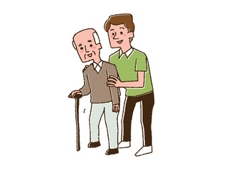 歩行介助する介護士とおじいさん　コミカルな手書きの人物　ベクター、線画にカラー