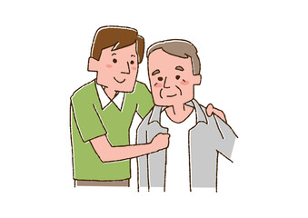 高齢者の服の着替えを手伝う介護士　コミカルな手書きの人物　ベクター、線画にカラー