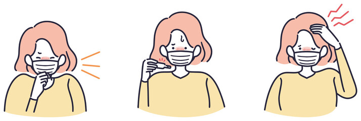 咳　発熱　頭痛　体調が悪い女性　シンプルイラスト