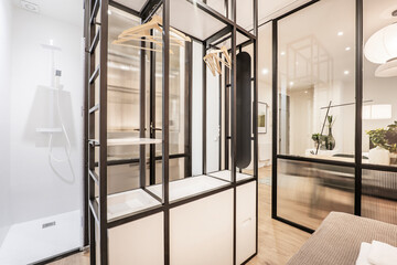 Metal shelves with low wooden furniture, shower cabin and hangers in a bedroom with a glass partition