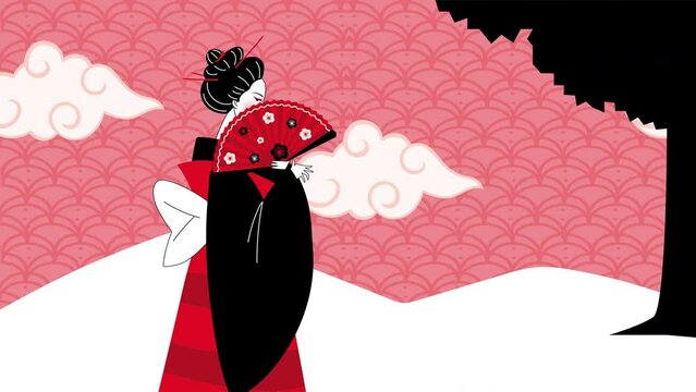 beautiful geisha walking with fan animation