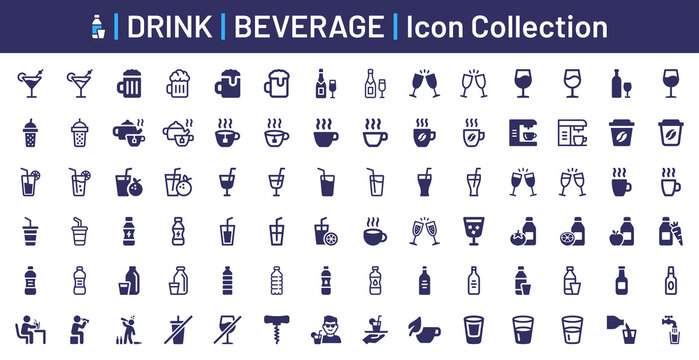 Drink Icon Collection. Containing Cocktail, Beer, Wine, Cold Drink, Tea, Coffee And Juice Icon. Vector Illustration