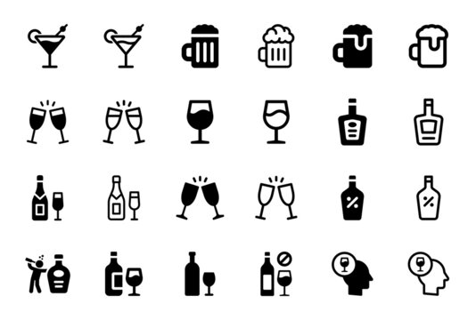 Drink icon set. Alcohol symbol in black design.