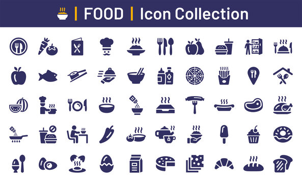 Food icon collection. Meat, milk, noodle, soup, bread, egg, cake, sweets, fruits, vegetables, drinks, nutrition, pizza, fish, sauce, cheese icon.