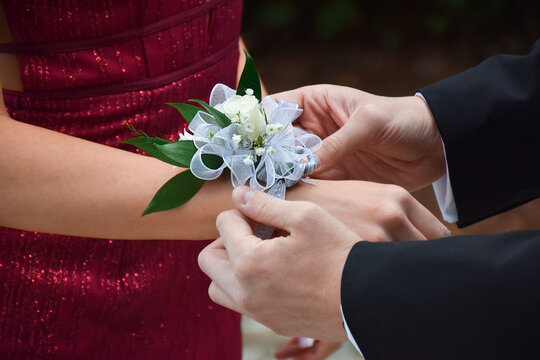 Young man putting white rose corsage on his prom date hand