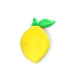 Yellow lemon made from play dough on white background, top view