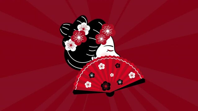 beautiful geisha with fan profile animation