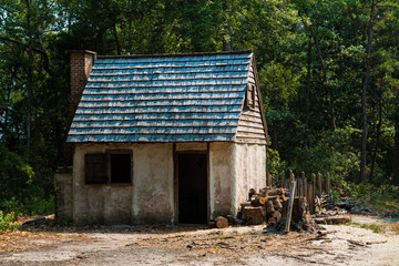 Small Waddle & Daub Hut Colonial Life Living History Camp at Wormsloe Historic Site, Savannah, Georgia, USA
