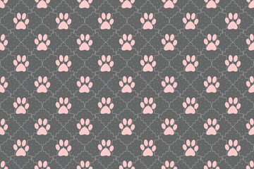 pink animal footprints wallpaper doodle background, cute seamless pattern, gray background