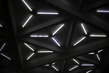 Lots of fluorescent lights on ceiling. Architecture details.
