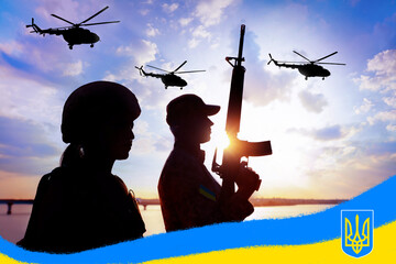 Stop war in Ukraine. Silhouettes of soldiers and military helicopters outdoors. Ukrainian flag and...