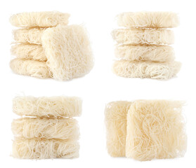 Set with dried rice noodles on white background