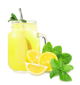 Mason jar with tasty lemonade, fresh ripe fruits and mint on white background