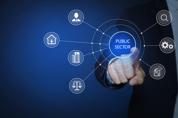 Public Sector concept. Man pointing at virtual screen with different icons on blue background,...