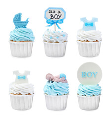 Beautifully decorated baby shower cupcakes for boy on white background, collage