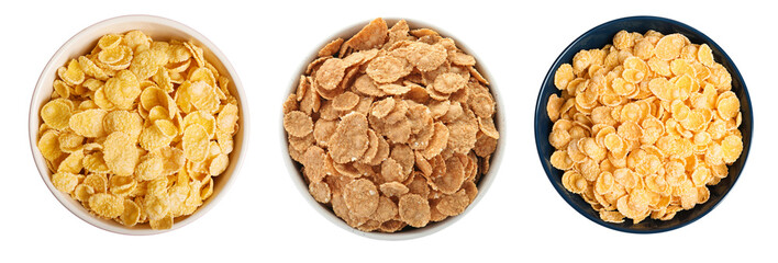 Set with different tasty breakfast cereals on white background, top view. Banner design