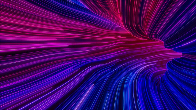 Abstract Neon Lines Tunnel with Purple, Blue and Pink Stripes. 3D Render.