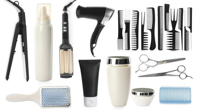 Set with professional hairdresser tools and cosmetic products on white background