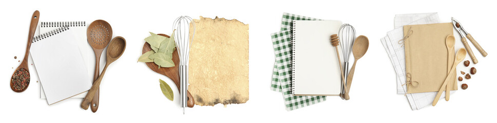 Set with blank recipe books and kitchen utensils on white background, top view. Banner design
