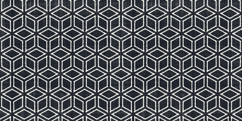 Seamless modern geometric isometric cubes batik surface pattern design in black and white monochrome, a trendy surreal psychedelic optical illusion textile for interior decoration or fashion.