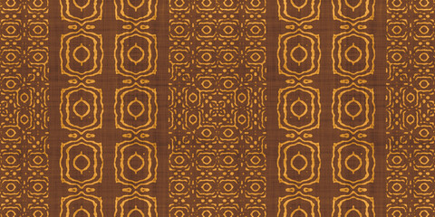 Seamless tribal ethnic earth tones batik surface design pattern on rough linen, a trendy contemporary tileable abstract geometric shibori textile for interior decor and fashion.