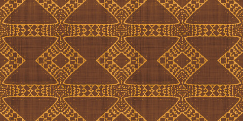 Seamless tribal ethnic earth tones batik surface design pattern on rough linen, a trendy contemporary tileable abstract geometric shibori textile for interior decor and fashion.