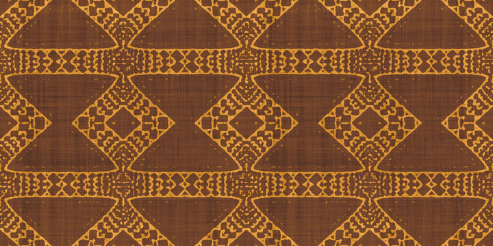Seamless tribal ethnic earth tones batik surface design pattern on rough linen, a trendy contemporary tileable abstract geometric shibori textile for interior decor and fashion.
