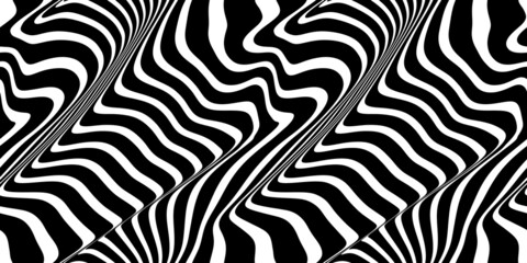 Seamless Distorted Diagonal Stripes Optical Illusion surface pattern design in black and white monochrome, a trendy surreal psychedelic optical illusion textile for interior decoration or fashion.