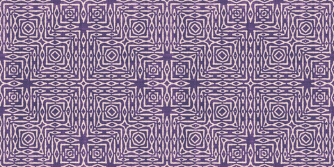 Seamless vintage violet intricate retro art deco batik pattern on weathered boho textured fabric, a trendy contemporary ethnic tribal textile for interior decor and fashion.