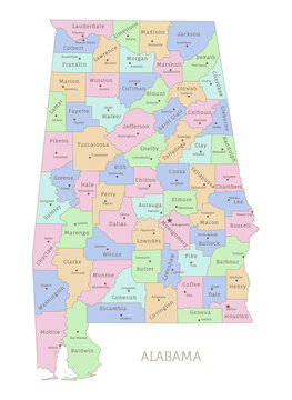 Alabama state administrative map with names of departments. US American Federal State highly detailed map with territory borders vector illustration on white background
