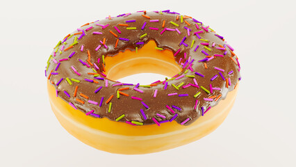 Chocolate donut or doughnut with sprinkles on white background, 3D render