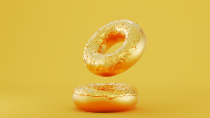 Golden donut with golden glaze on golden background,, 3d Rendering