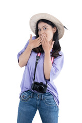Asian woman with hat and camera standing with shocked expression