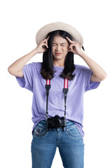 Asian woman with hat and camera having a headache while traveling