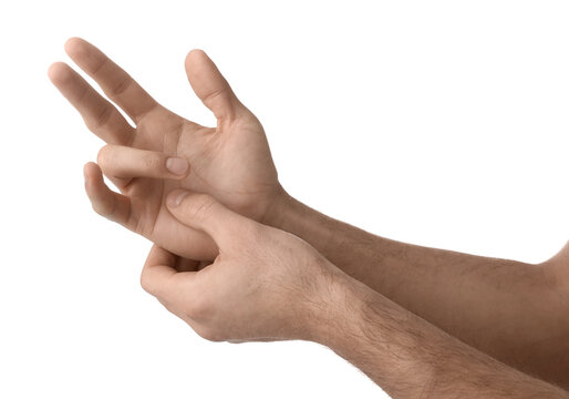 Man with trigger finger condition on white background, closeup