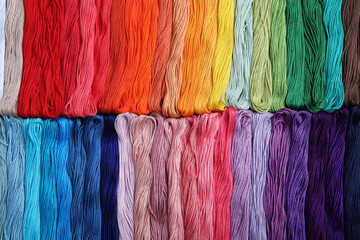 Different colorful embroidery threads as background, top view
