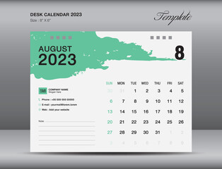 Desk calender 2023 design, August month template, Calendar 2023 template, planner, simple, Wall calendar design, week starts on sunday, printing, advertiement, Green brushstroke background, vector