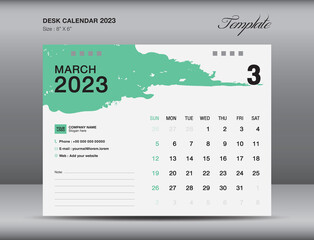 Desk calender 2023 design, March month template, Calendar 2023 template, planner, simple, Wall calendar design, week starts on sunday, printing, advertiement, Green brushstroke background, vector