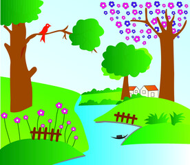 Vector illustration of a beautiful rural Village landscape with a River