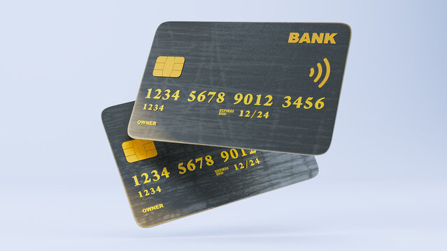black credit cards mockup on white background, 3D render