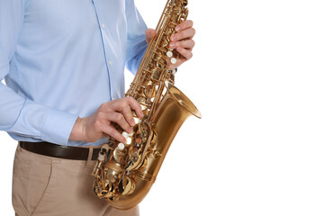 Obraz premium Man with saxophone on white background, closeup
